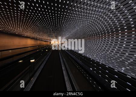 National Gallery of Art Multiverse Light Sculpture Washington DC // WASHINGTON DC — 'Multiverse' (2008) von Leo Villareal, eine immersive Lichtskulptur-Installation mit 41.000 computerprogrammierten LEDs, beleuchtet den 200 Fuß langen Concourse Walkway, der die Ost- und Westgebäude der National Gallery of Art verbindet Dieses dynamische Bildmaterial erzeugt ständig wechselnde Lichtmuster und verbindet programmierte Sequenzen mit Elementen des Zufalls. Stockfoto