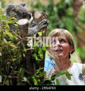 (150520) -- SINGAPUR, 20. Mai 2015 -- australische Außenministerin Julie Bishop nimmt an einer Enthüllungszeremonie im Zoo von Singapur am 20. Mai 2015 Teil. Der Zoo von Singapur hielt am Mittwoch eine Enthüllungszeremonie ab, um die vier Koalas zu begrüßen, die aus Australien geliehen wurden, als Teil der Feierlichkeiten zum 50. Jahrestag der Aufnahme diplomatischer Beziehungen zwischen den beiden Ländern und Singapurs 50. Jahrestag der Unabhängigkeit. ) SINGAPUR-ZOO-AUSTRALIEN-KOALA ThenxChihxWey PUBLICATIONxNOTxINxCHN 150520 Singapur 20. Mai 2015 australische Außenminister Julie Bishop nimmt an der Enthüllungszeremonie Teil Stockfoto