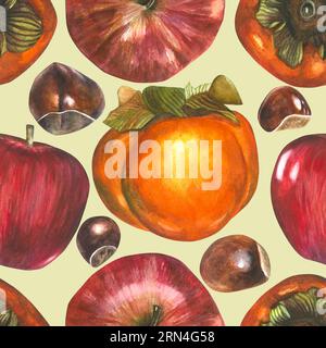 Nahtloses Wasserfarbenmuster für koreanischen Urlaub Chuseok. Herbsterntfest. Isolierte Illustrationen auf hellgrünem Hintergrund - Persimmon, Apfel Stockfoto