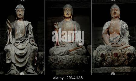 ZICHANG, 20. Mai 2015 -- Combo Foto aufgenommen am 20. Mai 2015 zeigt Sakyamuni Buddhas der drei Perioden, die in der Sucession Past, Present und Future (L-R) in einer Grotte in Anding Stadt im Zichang County, nordwestchinesische Provinz Shaanxi, kommen. Die 1.600 Jahre alte Stadt Anding hat gut erhaltene Zhongshan Mountain Grotten und andere Architekturen aus der Antike. ) (wf) CHINA-SHAANXI-STEHENDE ANTIKE STADT (CN) TaoxMing PUBLICATIONxNOTxINxCHN Zichang 20. Mai 2015 Kombo-Foto vom 20. Mai 2015 zeigt Sakyamuni Buddha der drei Perioden, die in der Vergangenheit, Gegenwart und Zukunft in einer Grotte in der Stadt Anding kommen Stockfoto