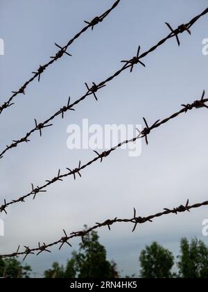 Nahaufnahme des Stacheldrahtes, der in der Dämmerung gedehnt wurde, um Eindringlinge von den Bewässerungsoffizierhäusern zu verhindern, die das Schleusentor im Co kontrollieren Stockfoto