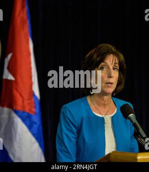 (150522) -- WASHINGTON D.C., 22. Mai 2015 -- US Assistant Secretary for Western Hemisphere Roberta Jacobson spricht während der Pressekonferenz nach der letzten Runde der Gespräche zwischen Washington und Havanna im Außenministerium in Washington D.C., Hauptstadt der Vereinigten Staaten, 22. Mai 2015. Die Vereinigten Staaten und Kuba schlossen ihre zweitägigen Gespräche hier am Freitag ohne Vereinbarung über die Wiedereröffnung von Botschaften ab, einigten sich aber darauf, in den kommenden Wochen mehr zu treffen. ) US-WASHINGTON D.C.-KUBA-DIPLOMATISCHE BEZIEHUNGEN-PRESSEKONFERENZ BaoxDandan PUBLICATIONxNOTxINxCHN 150522 Washington D C 22. Mai 2015 US-Assistent Stockfoto