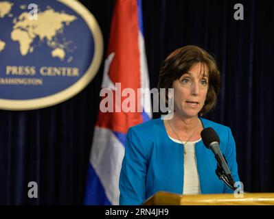 (150522) -- WASHINGTON D.C., 22. Mai 2015 -- US Assistant Secretary for Western Hemisphere Roberta Jacobson spricht während der Pressekonferenz nach der letzten Runde der Gespräche zwischen Washington und Havanna im Außenministerium in Washington D.C., Hauptstadt der Vereinigten Staaten, 22. Mai 2015. Die Vereinigten Staaten und Kuba schlossen ihre zweitägigen Gespräche hier am Freitag ohne Vereinbarung über die Wiedereröffnung von Botschaften ab, einigten sich aber darauf, in den kommenden Wochen mehr zu treffen. ) US-WASHINGTON D.C.-KUBA-DIPLOMATISCHE BEZIEHUNGEN-PRESSEKONFERENZ BaoxDandan PUBLICATIONxNOTxINxCHN 150522 Washington D C 22. Mai 2015 US-Assistent Stockfoto