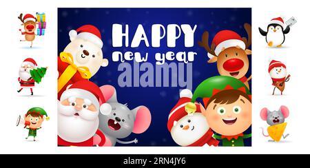 Frohes neues Jahr, blaue Postkarte mit Zeichentrickfiguren Stock Vektor