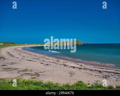 Der einsame Sand von Southend Beach am südlichen Ende der Kintyre-Halbinsel im County Argyll and Bute in Schottland. Auf einem sonnigen Tag Stockfoto