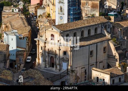 Chiesa delle Santissime Anime del Purgatorio, Kirchturm in Restaurierung, Ragusa Ibla, Barockstadt, Barockecke, Südost-Sizilien, Sizilien Stockfoto