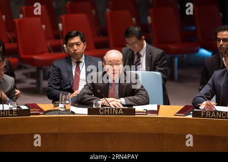 (150526) -- NEW YORK, 26. Mai 2015 -- Liu Jieyi (C), der ständige Vertreter Chinas bei den Vereinten Nationen, spricht während einer Sitzung des Sicherheitsrats über die Übergangsverwaltungsmission der Vereinten Nationen im Kosovo (UNMIK) im UN-Hauptquartier in New York, den Vereinigten Staaten, am 26. Mai 2015. Liu Jieyi rief am Dienstag zu einem pragmatischen und konstruktiven Dialog auf, um eine dauerhafte Lösung der Kosovo-Frage zu finden. ) U.S.-NEW YORK-UN-SC-KOSOVO LixMuzi PUBLICATIONxNOTxINxCHN 150526 New York Mai 26 2015 Liu Jieyi C China S ständiger Vertreter bei den Vereinten Nationen spricht während einer Sitzung des Sicherheitsrats S Meeti Stockfoto