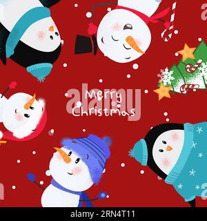 Frohe Weihnachten kreatives rotes Bannerdesign mit Cartoons Stock Vektor