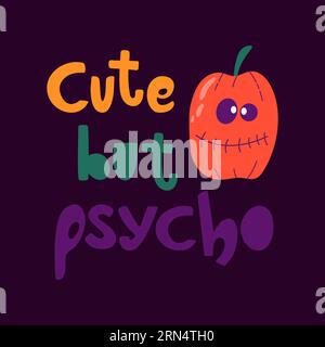 Niedliche, handgezeichnete Buchstabenkarte, niedlich, aber verrückt mit lächelndem Kürbis. Vektor-Halloween-Design. Stock Vektor