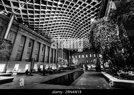 WASHINGTON DC, USA - das Innere des Robert and Arlene Kogod Courtyard im Zentrum des David W. Reynolds Center for American Art and Portraiture im Zentrum von Washington DC. Diese Aufnahme bei Nacht zeigt den dunklen Nachthimmel durch die Glasdecke. Stockfoto