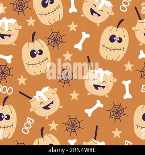 Niedliches Halloween-Muster auf orangefarbenem Hintergrund. Glücklicher Kessel und Kürbis mit Knochen und Netz im Cartoon-Stil. Stock Vektor