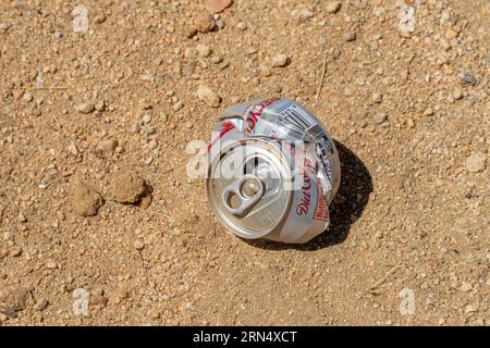 Victorville, CA, USA - 27. Juli 2023: Ein zerstoßenes Alu-Soda kann auf einem sandigen Untergrund in der Mojave-Wüste zurückbleiben. Stockfoto