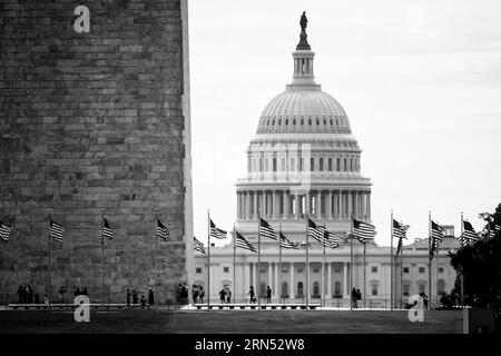 WASHINGTON, DC - die unverwechselbare Kuppel des US Capitol Building steht auf dem Capitol Hill nahe der Innenstadt von Washington DC am östlichen Ende der National Mall. Hier befindet sich der Kongress der Vereinigten Staaten. Das Repräsentantenhaus besetzt einen Flügel, der Senat den anderen. Stockfoto