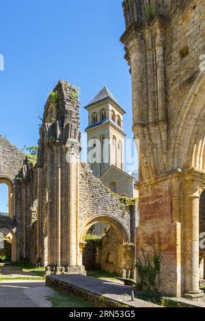 Orval Abbey / Abbaye Notre-Dame d'Orval und Ruinen des alten Zisterzienserklosters in Villers-devant-Orval, Florenville, Luxemburg, Wallonien, Belgien Stockfoto