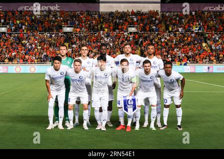 Strovolos, Zypern. August 2023 31. Gents Spieler posieren für den Fotografen bei einem Fußballspiel zwischen dem zyprischen APOEL FC und der belgischen KAA Gent, Donnerstag, den 31. August 2023 in Strovolos, Zypern, dem Rückspiel des Play-offs für den UEFA Europa Conference League-Wettbewerb. BELGA PHOTO GEORGE CHRISTOPHOROU Credit: Belga News Agency/Alamy Live News Stockfoto