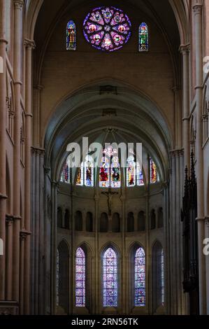 Innenansicht der Kathedrale Saint-Jean, des offiziellen französischen Eglise Saint-Jean-Baptiste-et-Saint-Etienne, des Kirchenschiffs und des Chorraums, Lyon, Departement Rhone Stockfoto