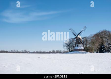 Quantwick-Mühle im Winter, historische Windmühle, Holländermühle, Ahaus, Münsterland, Nordrhein-Westfalen, Deutschland Stockfoto