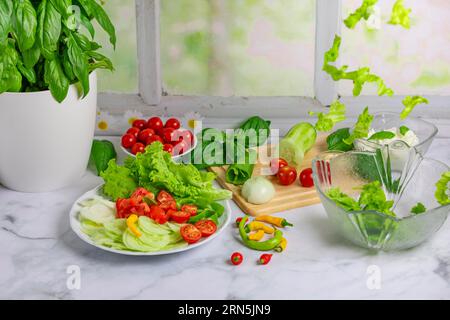 Frisches Gemüse an Bord und Teller, Salatzutaten, geschälte Gurken, Tomaten, Salat, basilikum, Peperoni, Zwiebeln, Knoblauch, Pfeffer, öffnen Stockfoto