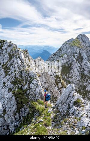 Bergsteiger auf einem Höhenweg, über die Hackenkoepfe, hinter Gipfel, Scheffauer, felsige Berge des Kaisergebirges, Wilder Kaiser, Kitzbühler Stockfoto