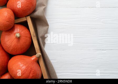 Ernte Orange Kürbis Red Kuri aka Hokkaido Kürbis oder Uchiki Kuri auf weißem Hintergrund Stockfoto