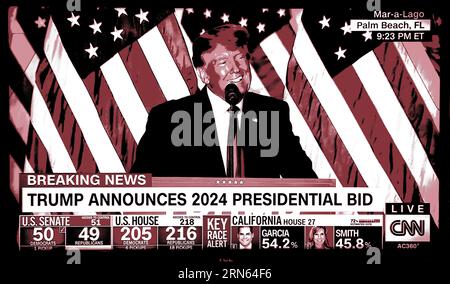 Ein CNN-Fernsehscreenshot, digital eingefärbt, zeigt den ehemaligen US-Präsidenten Donald Trump, der seine Kandidatur für eine zweite Amtszeit als US-Präsident ankündigt. Stockfoto