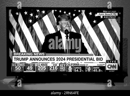 Ein CNN-Fernsehscreenshot, digital eingefärbt, zeigt den ehemaligen US-Präsidenten Donald Trump, der seine Kandidatur für eine zweite Amtszeit als US-Präsident ankündigt. Stockfoto