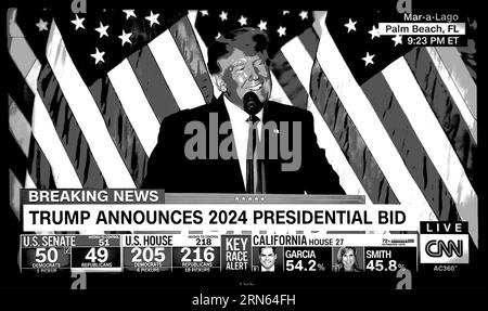 Ein CNN-Fernsehscreenshot, digital eingefärbt, zeigt den ehemaligen US-Präsidenten Donald Trump, der seine Kandidatur für eine zweite Amtszeit als US-Präsident ankündigt. Stockfoto