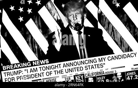 Ein CNN-Fernsehscreenshot, digital eingefärbt, zeigt den ehemaligen US-Präsidenten Donald Trump, der seine Kandidatur für eine zweite Amtszeit als US-Präsident ankündigt. Stockfoto