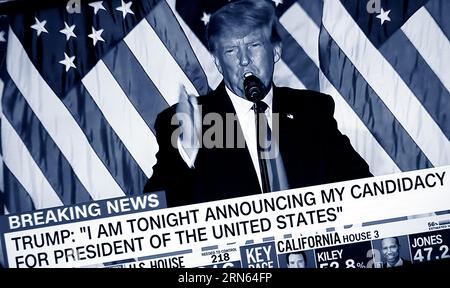 Ein CNN-Fernsehscreenshot, digital eingefärbt, zeigt den ehemaligen US-Präsidenten Donald Trump, der seine Kandidatur für eine zweite Amtszeit als US-Präsident ankündigt. Stockfoto