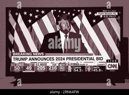 Ein CNN-Fernsehscreenshot, digital eingefärbt, zeigt den ehemaligen US-Präsidenten Donald Trump, der seine Kandidatur für eine zweite Amtszeit als US-Präsident ankündigt. Stockfoto
