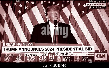 Ein CNN-Fernsehscreenshot, digital eingefärbt, zeigt den ehemaligen US-Präsidenten Donald Trump, der seine Kandidatur für eine zweite Amtszeit als US-Präsident ankündigt. Stockfoto