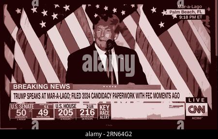 Ein CNN-Fernsehscreenshot, digital eingefärbt, zeigt den ehemaligen US-Präsidenten Donald Trump, der seine Kandidatur für eine zweite Amtszeit als US-Präsident ankündigt. Stockfoto