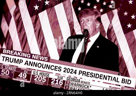Ein CNN-Fernsehscreenshot, digital eingefärbt, zeigt den ehemaligen US-Präsidenten Donald Trump, der seine Kandidatur für eine zweite Amtszeit als US-Präsident ankündigt. Stockfoto