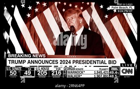 Ein CNN-Fernsehscreenshot, digital eingefärbt, zeigt den ehemaligen US-Präsidenten Donald Trump, der seine Kandidatur für eine zweite Amtszeit als US-Präsident ankündigt. Stockfoto