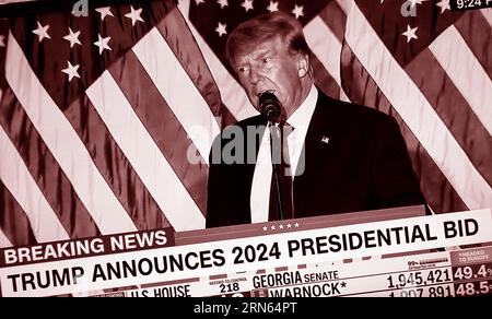 Ein CNN-Fernsehscreenshot, digital eingefärbt, zeigt den ehemaligen US-Präsidenten Donald Trump, der seine Kandidatur für eine zweite Amtszeit als US-Präsident ankündigt. Stockfoto