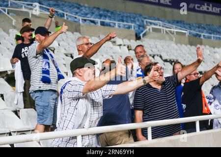 Strovolos, Zypern. August 2023 31. Gents Fans feiern am Donnerstag, den 31. August 2023, in Strovolos, Zypern, nach dem Gewinn eines Fußballspiels zwischen dem zyprischen APOEL FC und der belgischen KAA Gent, die Rückrunde des Play-offs für den UEFA Europa Conference League-Wettbewerb. BELGA PHOTO GEORGE CHRISTOPHOROU Credit: Belga News Agency/Alamy Live News Stockfoto