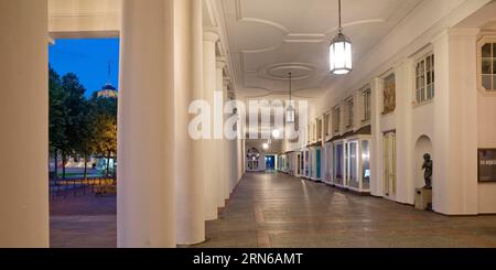 Theaterkolonnaden mit Blick auf das Wellnesshotel, Hessisches Staatstheater am Abend, Bowling Green, Wiesbaden, Hessen, Deutschland Stockfoto