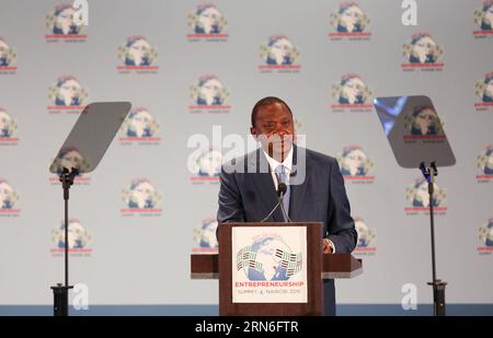 (150725) -- NAIROBI, 25. Juli 2015, -- der kenianische Präsident Uhuru Kenyatta hält eine Rede auf der Eröffnungssitzung des Global Entrepreneurship Summit in Nairobi, Kenia, am 25. Juli 2015. US-Präsident Barack Obama nahm am Samstag am Global Entrepreneurship Summit (GES) in Nairobi Teil und lobte Afrikas enormes Potenzial. Kenia ist das erste Land in Afrika südlich der Sahara, das den Gipfel ausrichtet. ) (dzl) KENIA-NAIROBI-USA-GES-GIPFEL PanxSiwei PUBLICATIONxNOTxINxCHN 150725 Nairobi Juli 25 2015 der kenianische Präsident Uhuru Kenyatta hält eine Rede ZUR Eröffnungssitzung des Global Entrepreneurshi Stockfoto