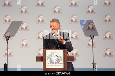 (150725) -- NAIROBI, 25. Juli 2015, -- US-Präsident Barack Obama hält eine Rede auf der Eröffnungsversammlung des Global Entrepreneurship Summit in Nairobi, Kenia, am 25. Juli 2015. US-Präsident Barack Obama nahm am Samstag an dem Gipfel Teil und lobte Afrikas enormes Potenzial. Kenia ist das erste Land in Afrika südlich der Sahara, das den Gipfel ausrichtet. ) (dzl) KENIA-NAIROBI-USA-GES-GIPFEL PanxSiwei PUBLICATIONxNOTxINxCHN 150725 Nairobi Juli 25 2015 US-Präsident Barack Obama hält eine Rede ZUR Eröffnung der Plenartagung des Global Entrepreneurship Summit AM 25 2015. Juli in Nairobi Kenia Stockfoto