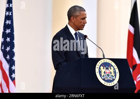 (150725) -- NAIROBI, 25. Juli 2015 -- US-Präsident Barack Obama nimmt an einer gemeinsamen Pressekonferenz mit dem kenianischen Präsidenten Uhuru Kenyatta in Nairobi, Kenia, am 25. Juli 2015 Teil. Kenia und die USA bekräftigten am Samstag ihr Engagement für die Sicherheitszusammenarbeit und im Krieg gegen den Terrorismus, um zukünftige Terroranschläge in der ostafrikanischen Nation zu verhindern. ) KENIA-NAIROBI-US-UHURU-OBAMA-GEMEINSAME PRESSEKONFERENZ SunxRuibo PUBLICATIONxNOTxINxCHN 150725 Nairobi Juli 25 2015 US-Präsident Barack Obama nimmt an einer gemeinsamen Pressekonferenz mit dem kenianischen Präsidenten Uhuru Kenyatta in Nairobi Kenia am 25 2015. Juli Ke Teil Stockfoto