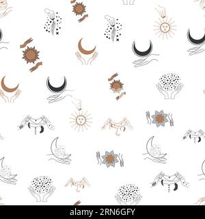 Nahtloses Muster aus Magie und Himmel mit magischen Elementen wie Schlange, Auge, Tarotkarten, Hand, Schädel, Trank, Mond, Schmetterling, Pilze, Sterne. Symb Stock Vektor