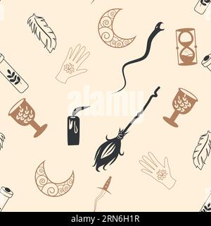 Nahtloses Muster aus Magie und Himmel mit magischen Elementen wie Schlange, Auge, Tarotkarten, Hand, Schädel, Trank, Mond, Schmetterling, Pilze, Sterne. Symb Stock Vektor
