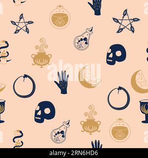 Nahtloses Muster aus Magie und Himmel mit magischen Elementen wie Schlange, Auge, Tarotkarten, Hand, Schädel, Trank, Mond, Schmetterling, Pilze, Sterne. Symb Stock Vektor