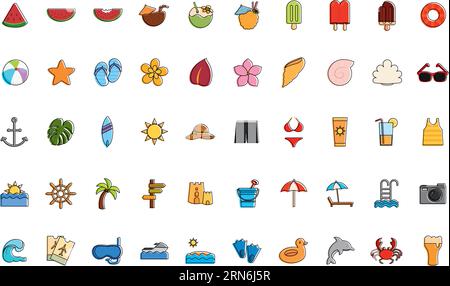 Satz farbiger Sommer-Skizzensymbole Vektor Stock Vektor