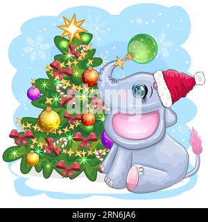 Niedlicher Cartoon-Elefant, kindische Figur in weihnachtsmannmütze mit Geschenk, weihnachtsball oder Zuckerrohr in der Nähe des weihnachtsbaums. Neues Jahr Stock Vektor