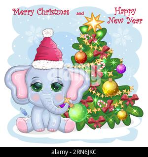 Niedlicher Cartoon-Elefant, kindische Figur in weihnachtsmannmütze mit Geschenk, weihnachtsball oder Zuckerrohr in der Nähe des weihnachtsbaums. Neues Jahr Stock Vektor