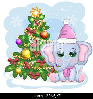 Niedlicher Cartoon-Elefant, kindische Figur in weihnachtsmannmütze mit Geschenk, weihnachtsball oder Zuckerrohr in der Nähe des weihnachtsbaums. Neues Jahr Stock Vektor