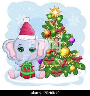 Niedlicher Cartoon-Elefant, kindische Figur in weihnachtsmannmütze mit Geschenk, weihnachtsball oder Zuckerrohr in der Nähe des weihnachtsbaums. Neues Jahr Stock Vektor