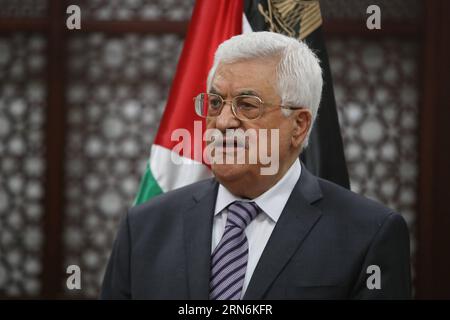 (150731) -- RAMALLAH, 31. Juli 2015 -- der palästinensische Präsident Mahmud Abbas spricht während einer Pressekonferenz in der Westjordstadt Ramallah am 31. Juli 2015 nach einem Brandanschlag israelischer Siedler, bei dem ein palästinensisches Kleinkind getötet wurde. Abbas sagte, er werde beim Internationalen Strafgerichtshof (ICC) in den Haag Berufung einlegen, um den Angriff zu untersuchen. MIDEAST-RAMALLAH-ABBAS-ATTACK FadixArouri PUBLICATIONxNOTxINxCHN 150731 Ramallah Juli 31 2015 der PALÄSTINENSISCHE Präsident Mahmud Abbas spricht auf einer Pressekonferenz in der WESTJORDANLAND-Stadt Ramallah AM 31 2015. Juli nach dem Brandanschlag Israels Stockfoto
