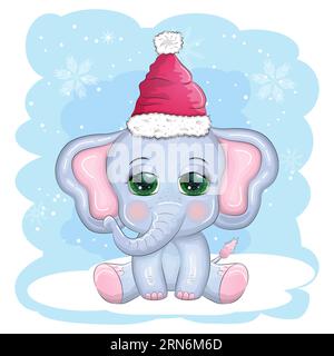 Niedlicher Cartoon-Elefant, kindische Figur mit wunderschönen Augen, weihnachtsmannmütze, Schal, Geschenk, weihnachtsball oder Zuckerrohr. Das Konzept des Stock Vektor